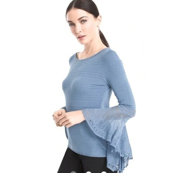 White House Black Market Blue Pointelle Flutter Bell Lace Sleeve Sweater Fairy S - Picture 1 of 8